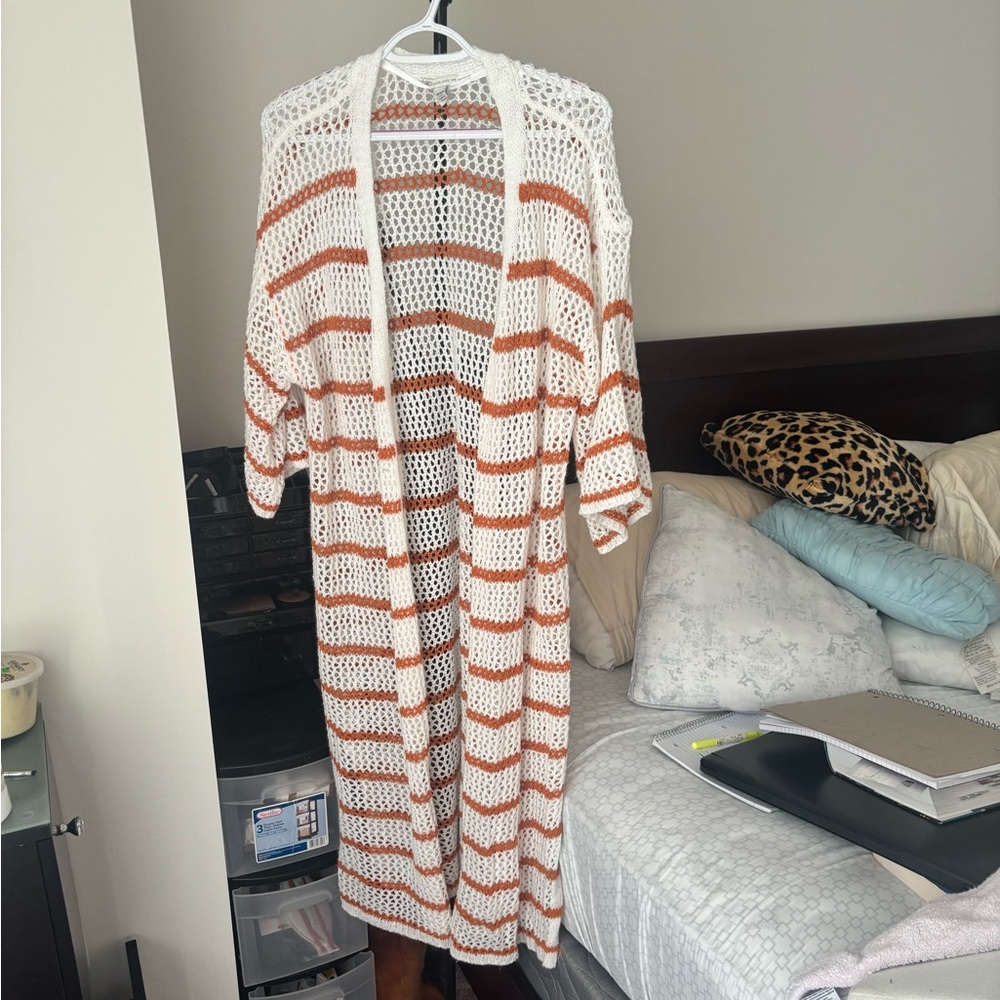 Cato Open Knit Cardigan with Orange Accents
